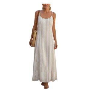 Calypso St. Barth Striped Beaded Linen Blend Maxi Dress Beige White Knit 8